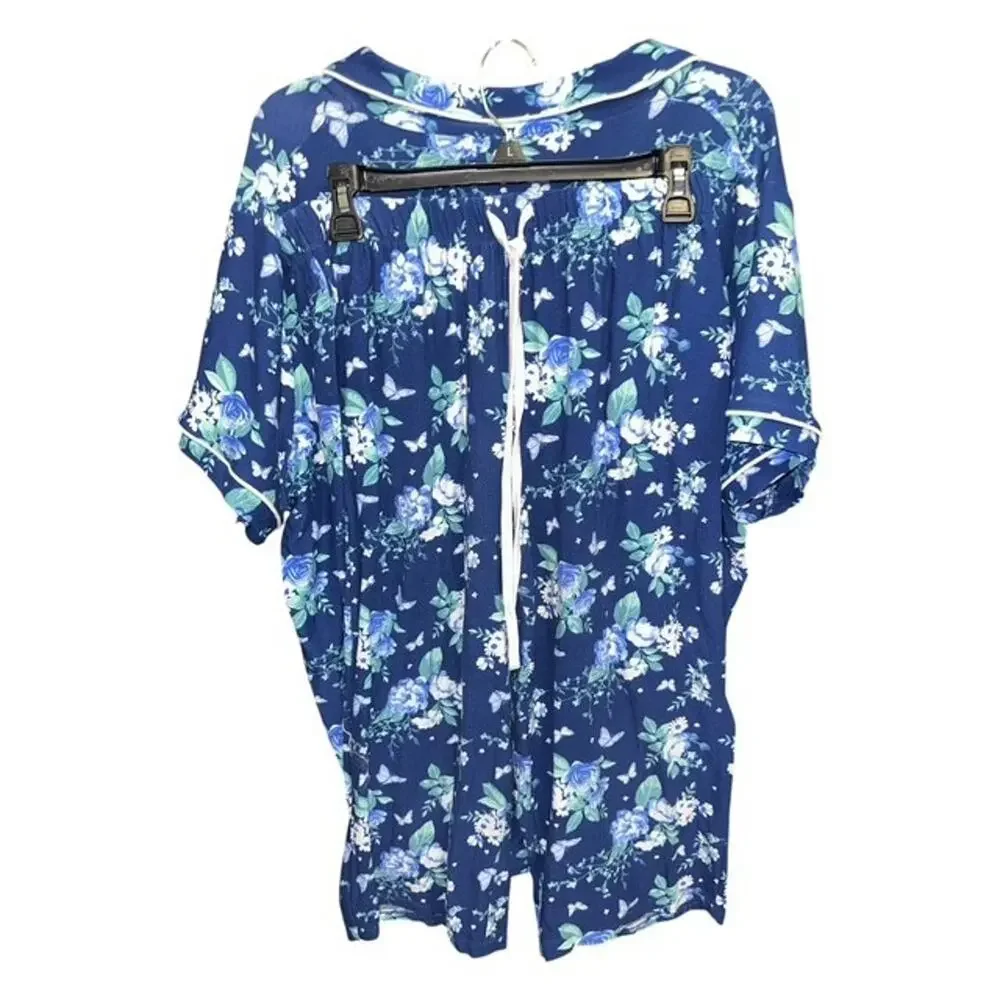 Croft Barrow 4X Pajamas Navy Blue Floral Crop Capri Pant Collar Button-Up Pocket